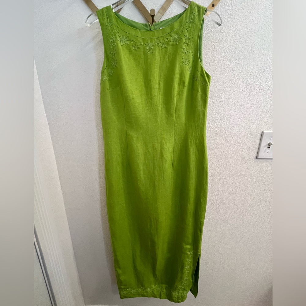 Vintage 90’s Jessica Howard Green Linen Embroidered Midi Dress 8